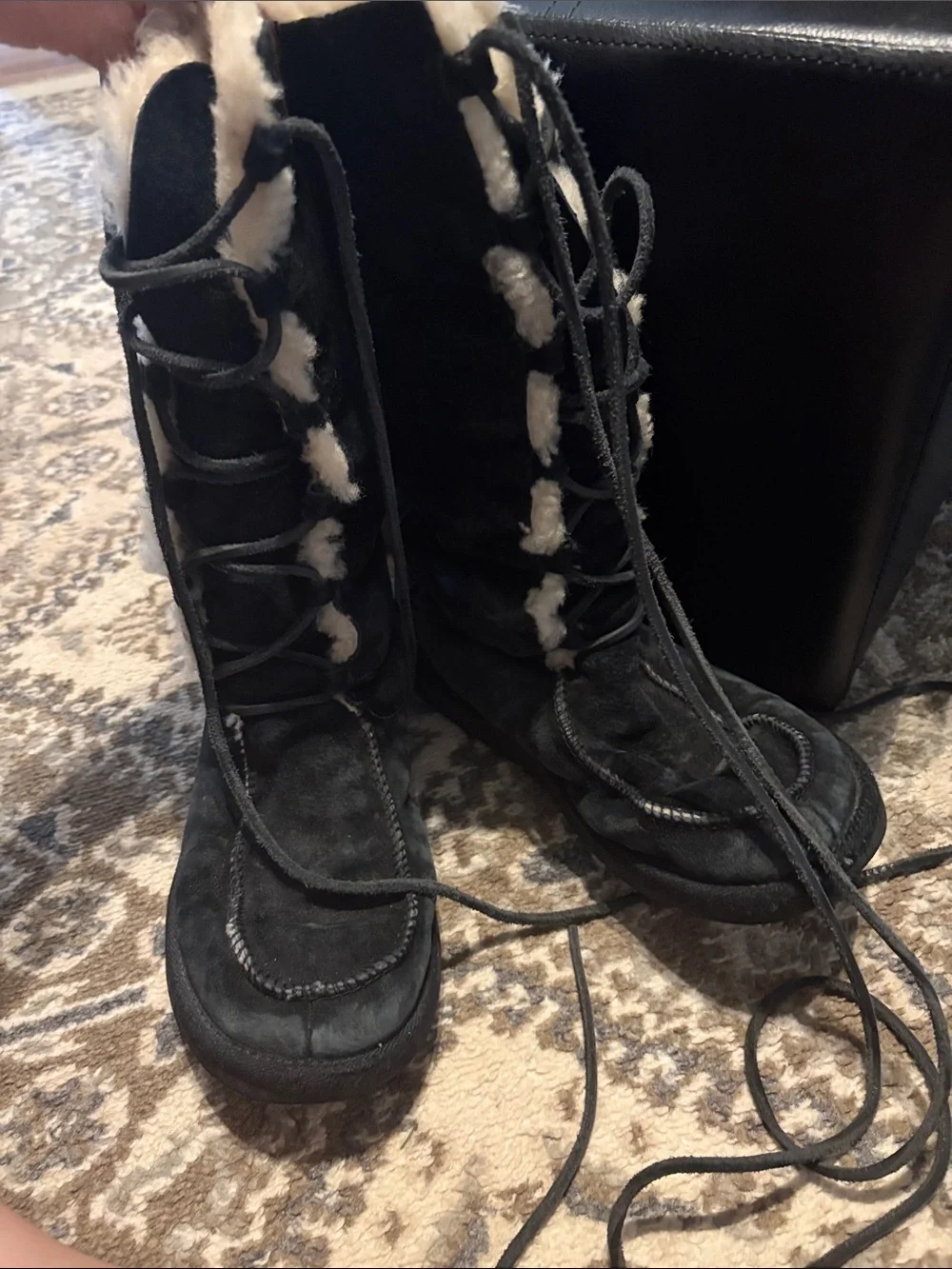 UGG Black Suede Tall Lace-Up Winter Boots with Shearling
